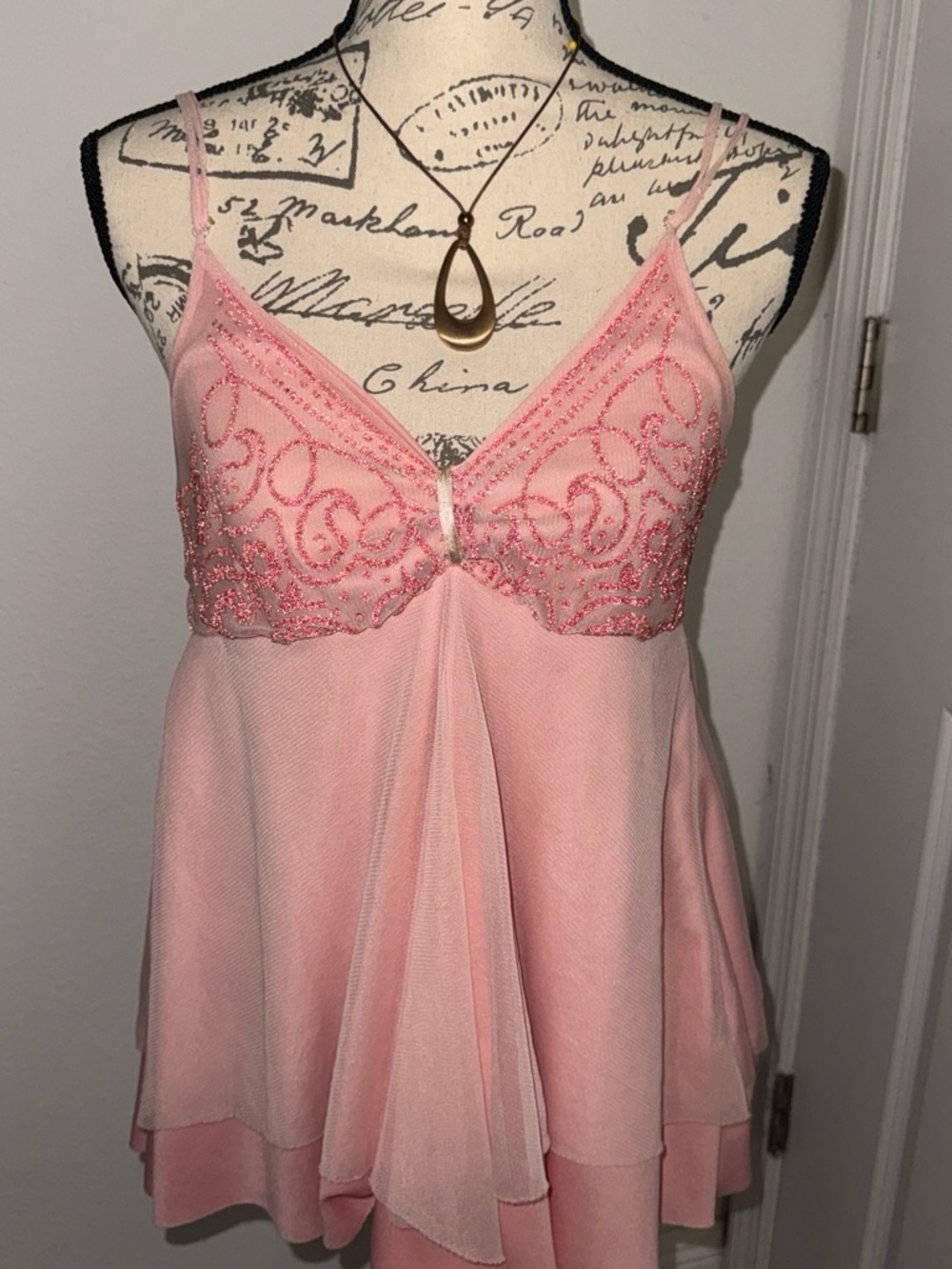 rave Pink Embellished Lace & Mesh Babydoll Chemise